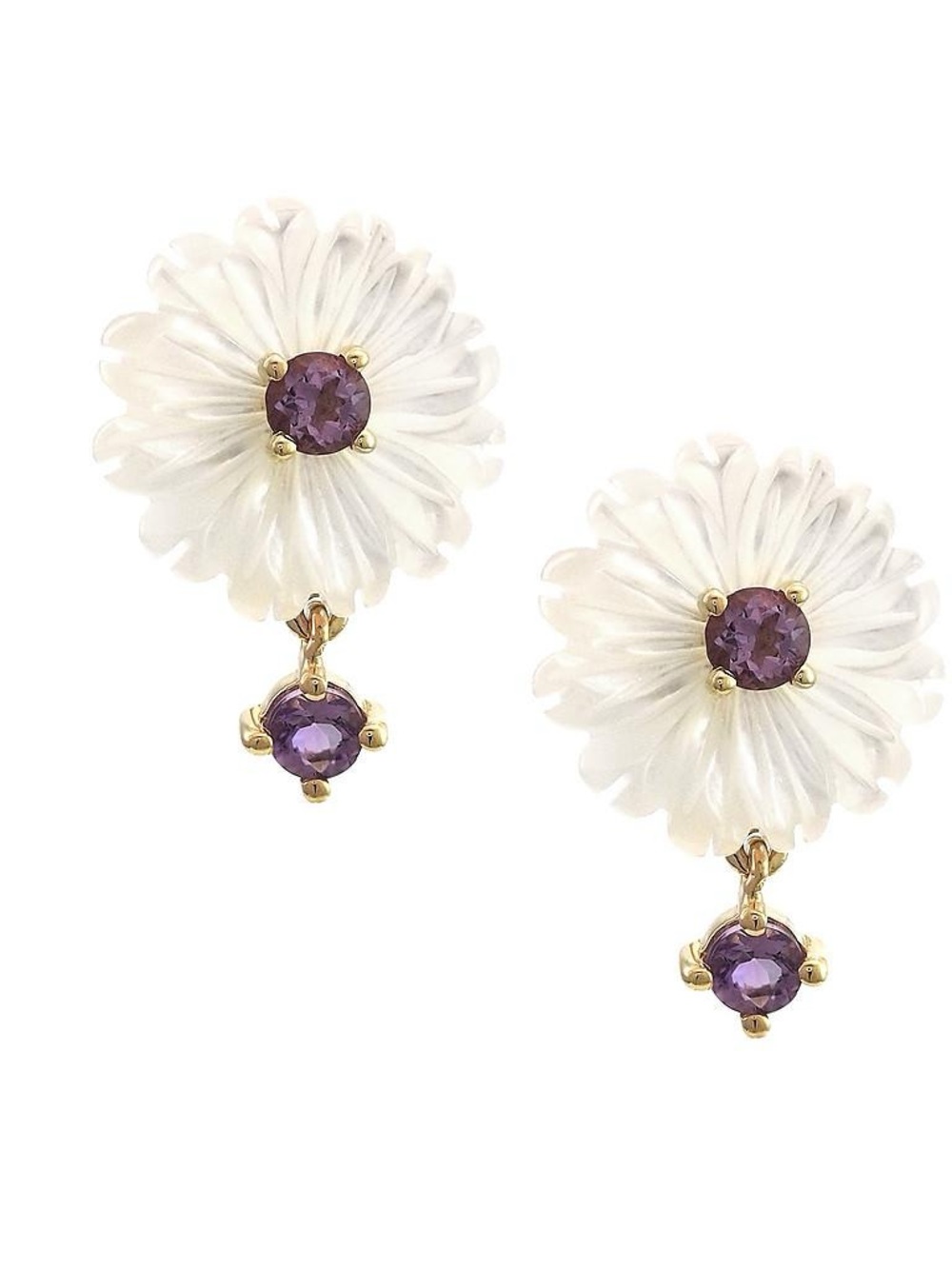 Solid Real Yellow Gold Amethyst & Pearl Shell Earrings 0.42 ctw